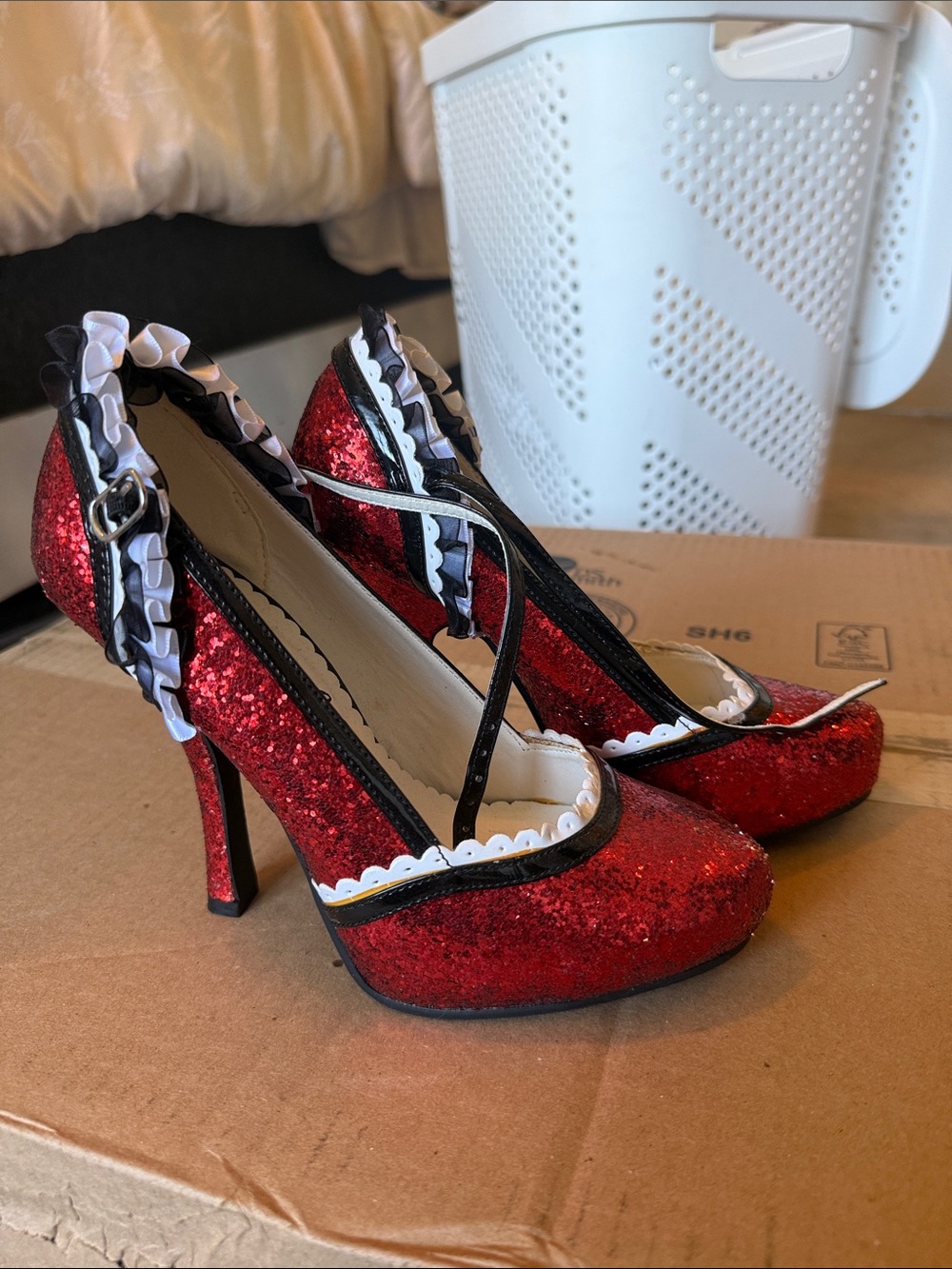 Ellie Red Glitter Ruffle Ankle Strap Heels